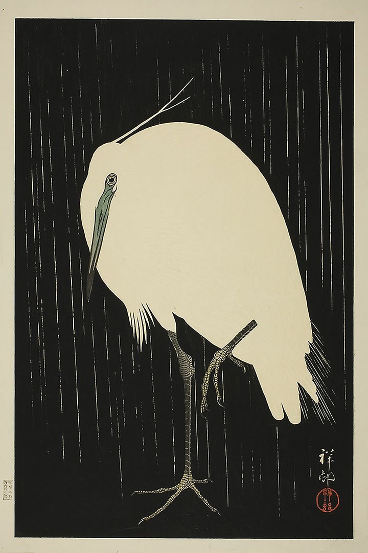 Aigrette debout sous la pluie, Ohara Koson, 1928. The Art Institute of Chicago. CC0