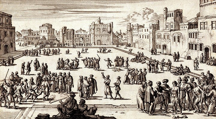 Manière dont les prisonniers chrétiens sont vendus comme esclaves au marché d'Alger. Gravure hollandaise, 1684. CC0