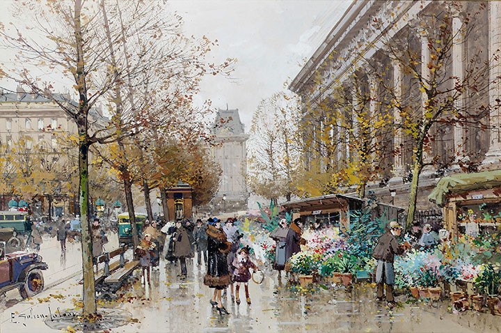 Marché aux fleurs à la Madeleine, Paris, Eugène Galien-Laloue, 1941. CCO